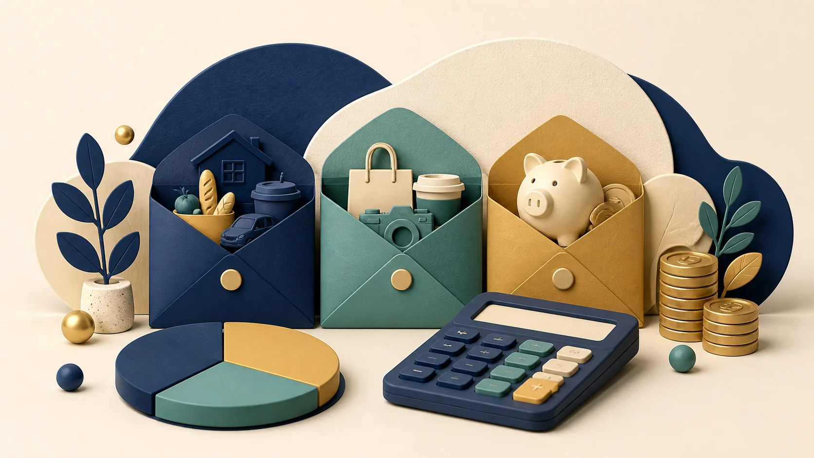 Budget envelopes, calculator, pie chart, and piggy bank representing a 50 30 20 budget
