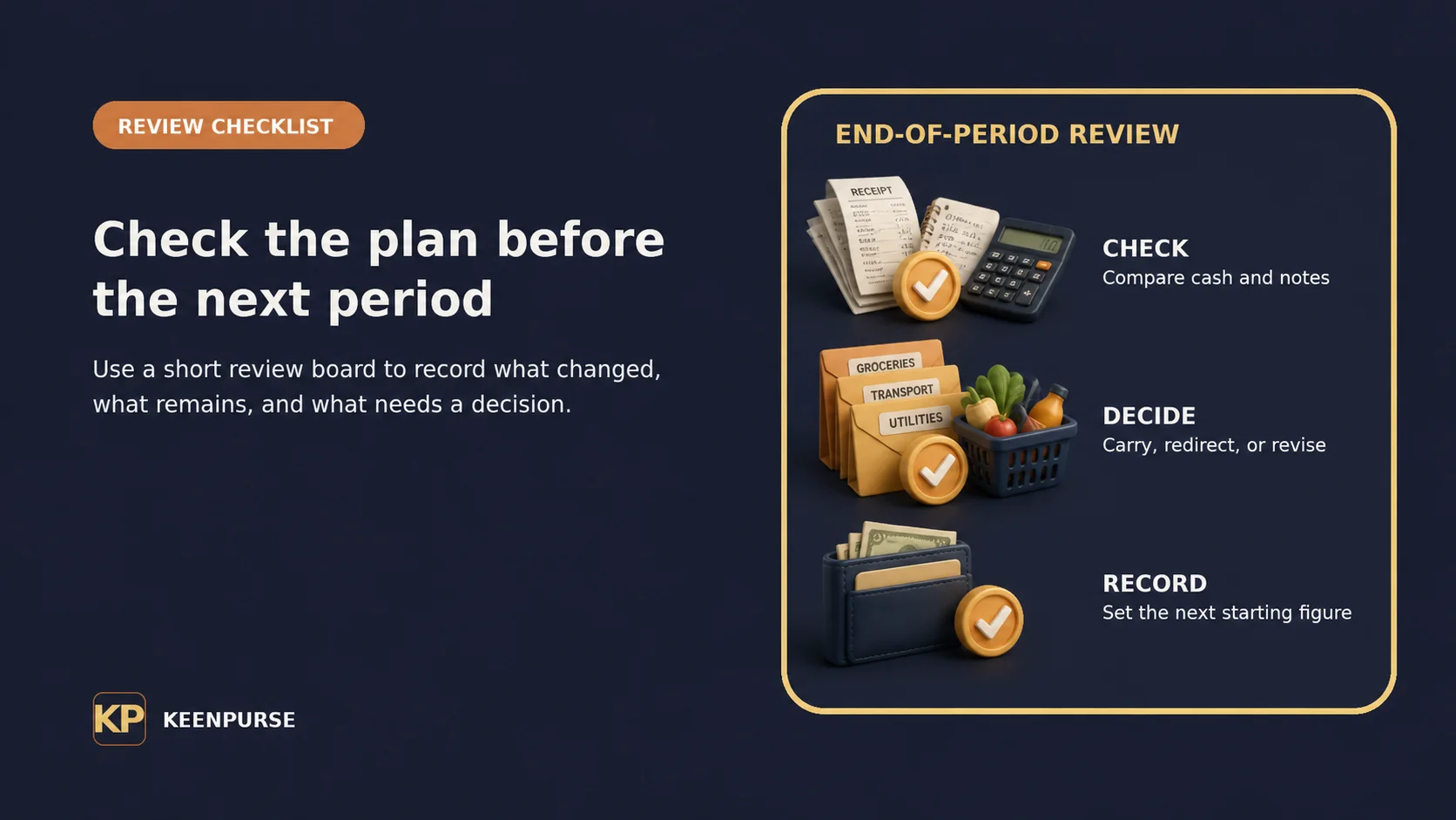 Cash stuffing review checklist: compare cash, decide next steps, and record the new starting figure