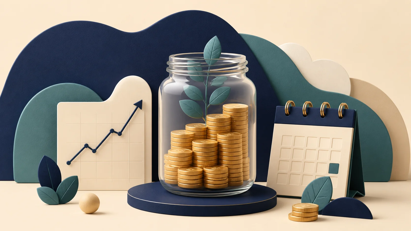 Glass savings jar with growing coins, a calendar, and an upward chart