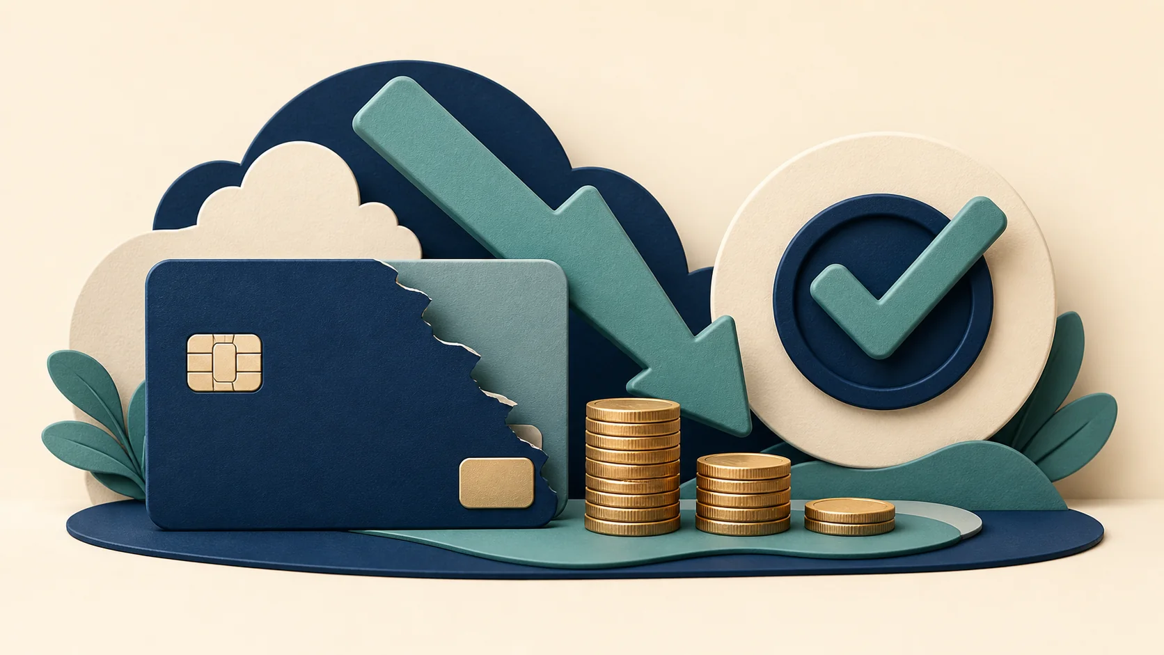 Credit card, decreasing arrow, coins, and a checkmark for debt repayment