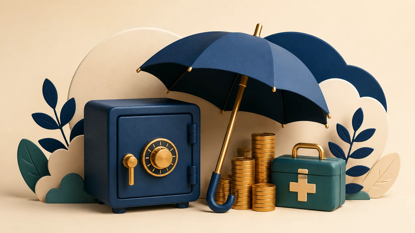 Safe, umbrella, coins, and first aid kit representing emergency savings
