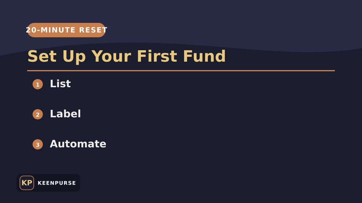 Three-step sinking fund setup visual guide with KeenPurse branding