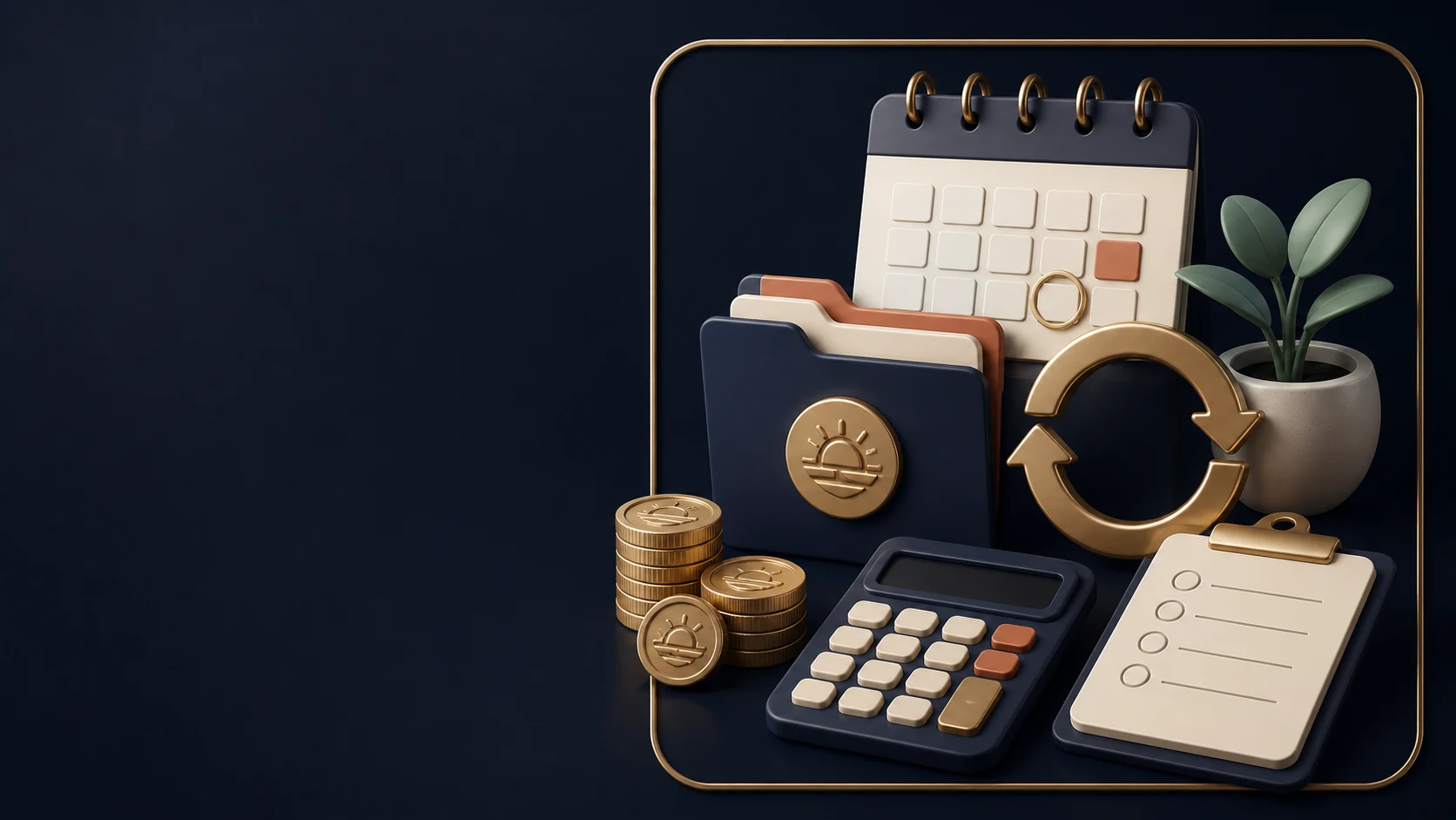 Branded 3D retirement review with calendar, documents, calculator and adjustment symbol