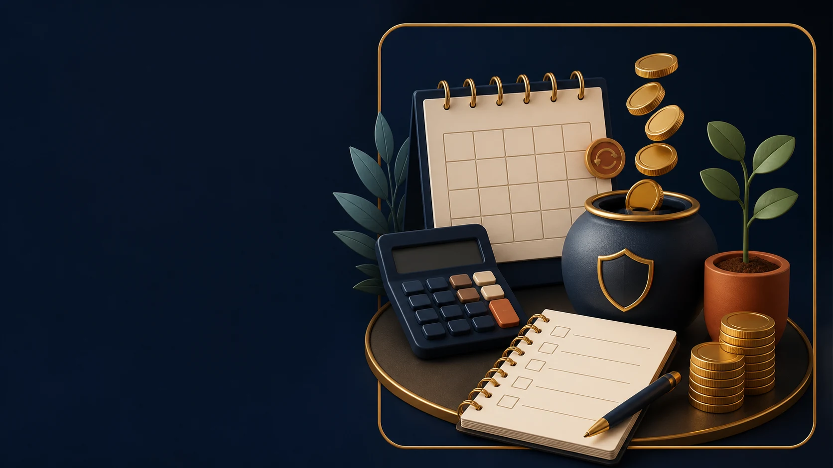 Branded 3D retirement contribution plan with calendar, calculator, savings vessel and growing plant