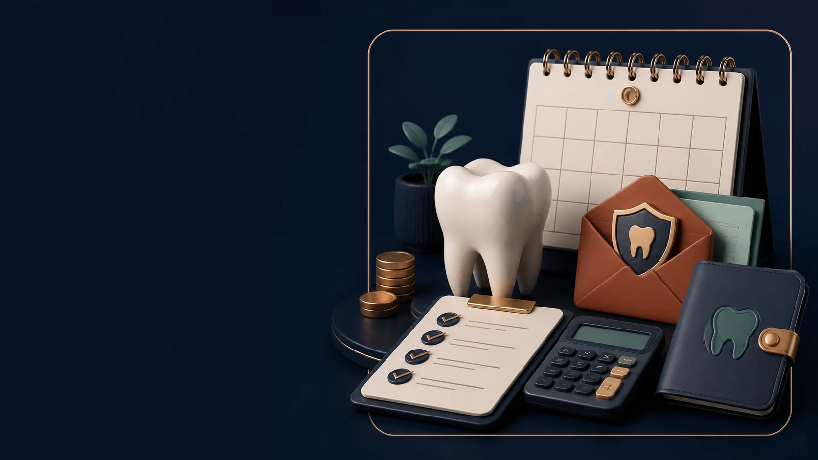 Branded 3D dental-care reserve plan with appointment calendar, folder and checklist