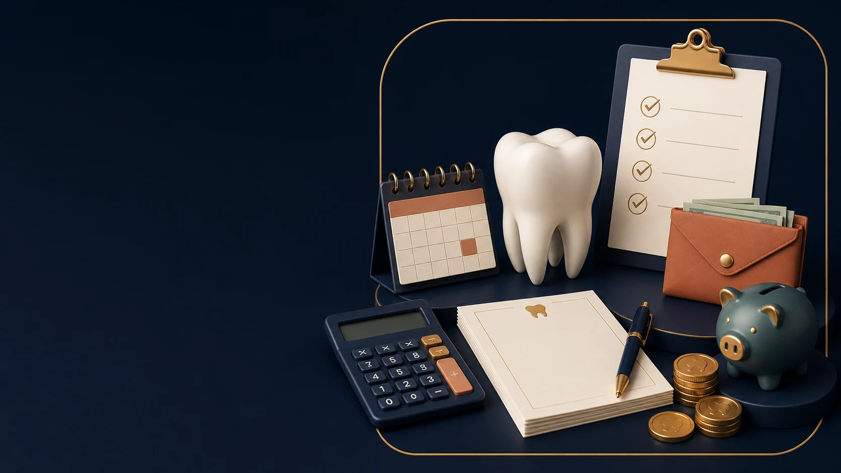 Branded 3D dental-care budget plan with tooth model, estimate, calendar and savings envelope