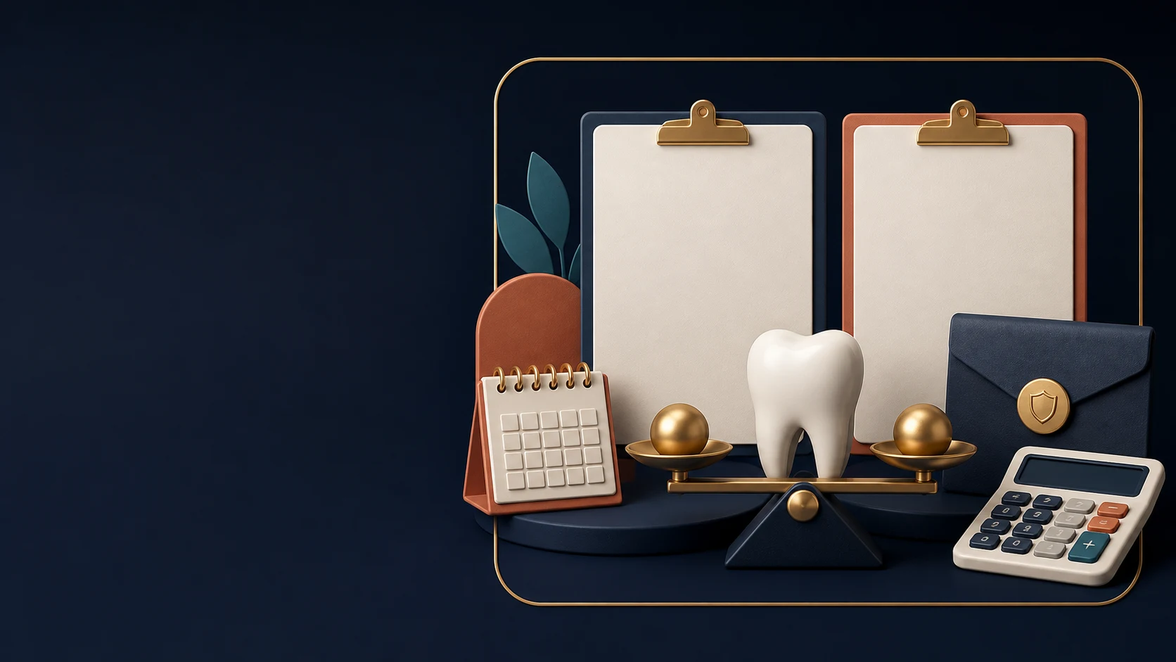 Branded 3D comparison of two dental estimates with tooth model, calendar and calculator