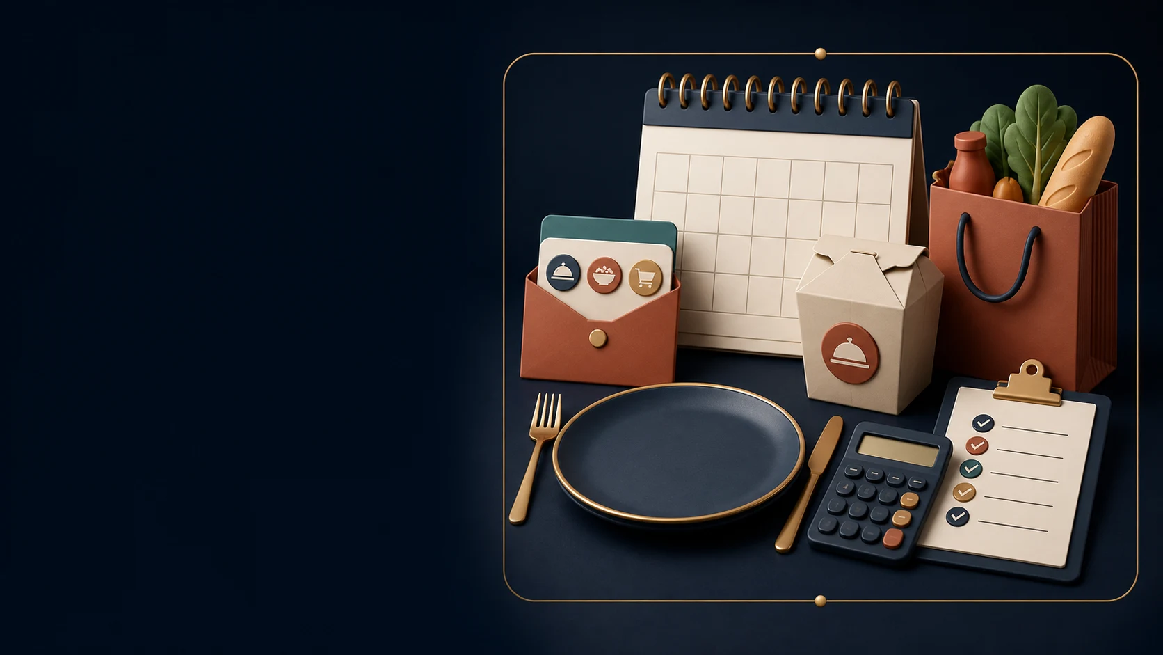 Branded 3D restaurant-occasion plan with calendar, grocery bag, calculator and checklist