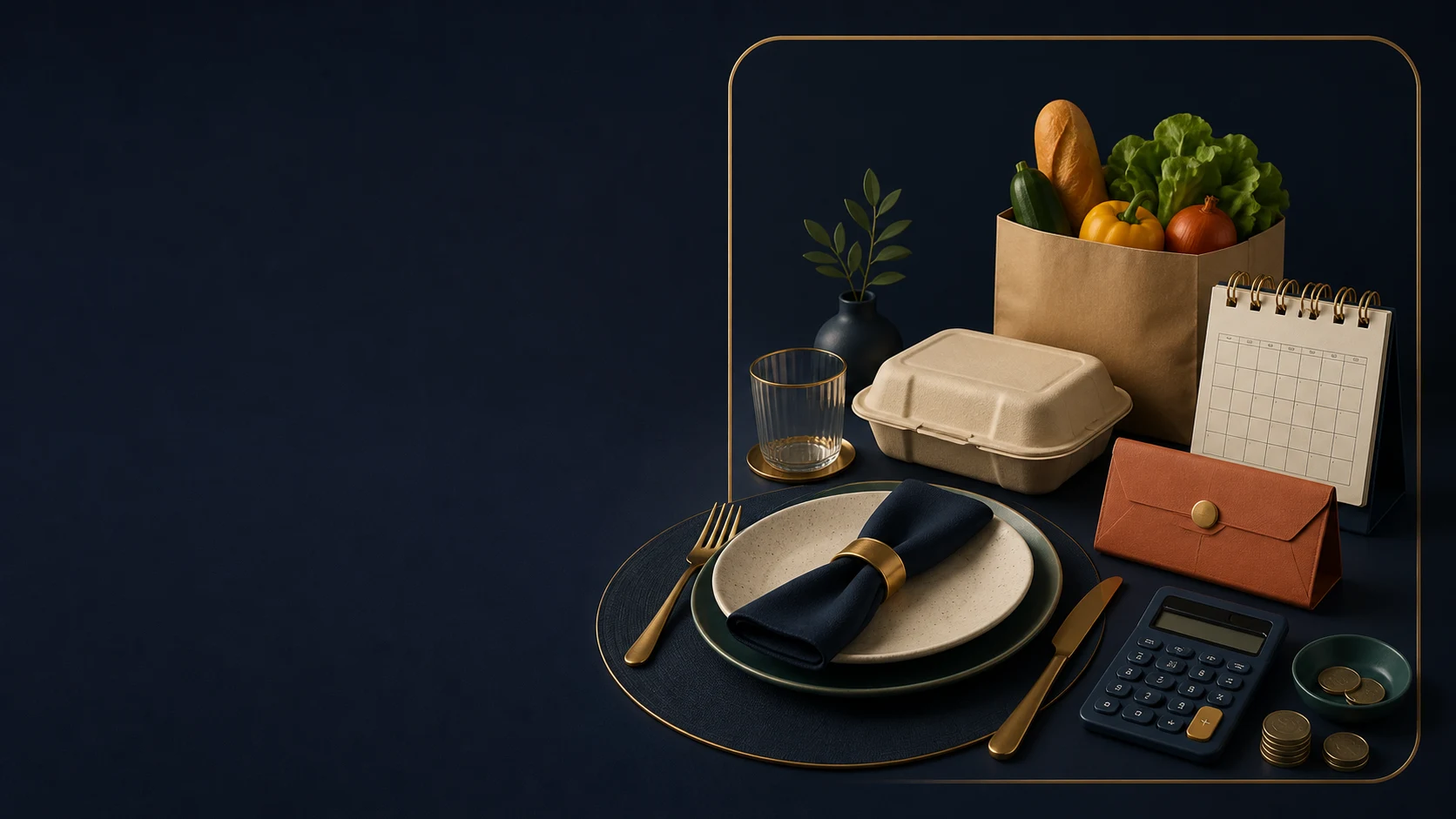 Branded 3D eating-out budget plan with restaurant setting, takeaway, grocery bag, calendar and calculator