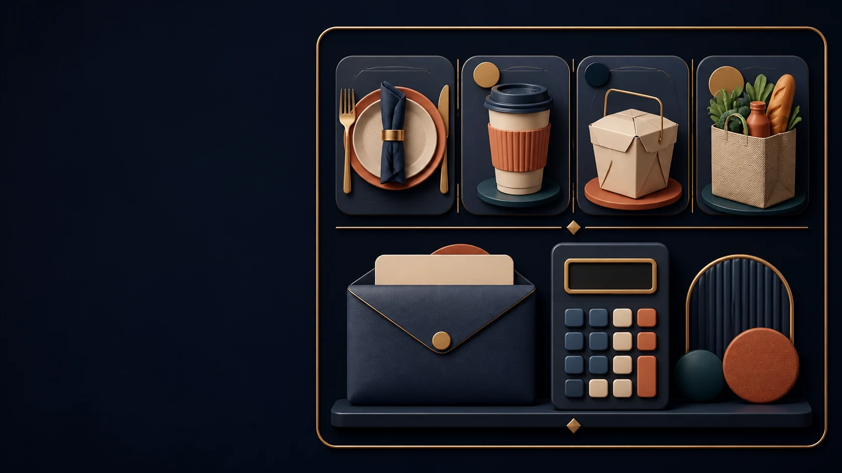 Branded 3D food-budget framework with restaurant, coffee, takeaway and grocery categories
