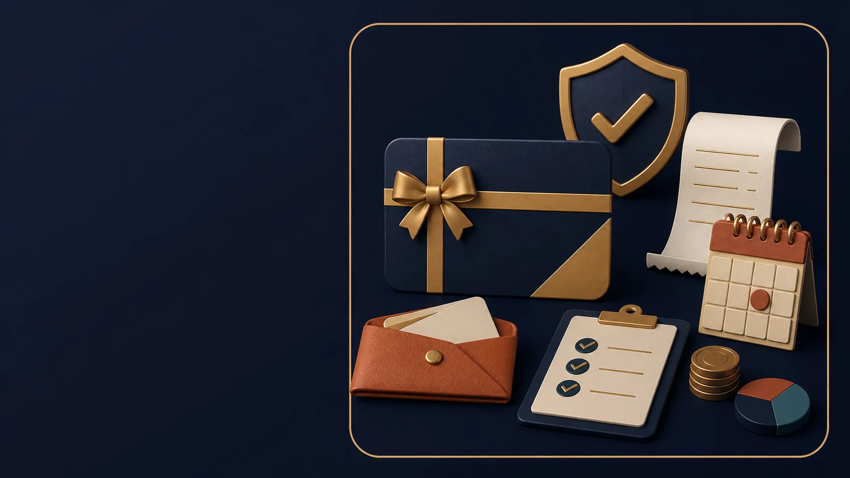Branded 3D gift-card check with receipt, calendar, secure envelope and checklist