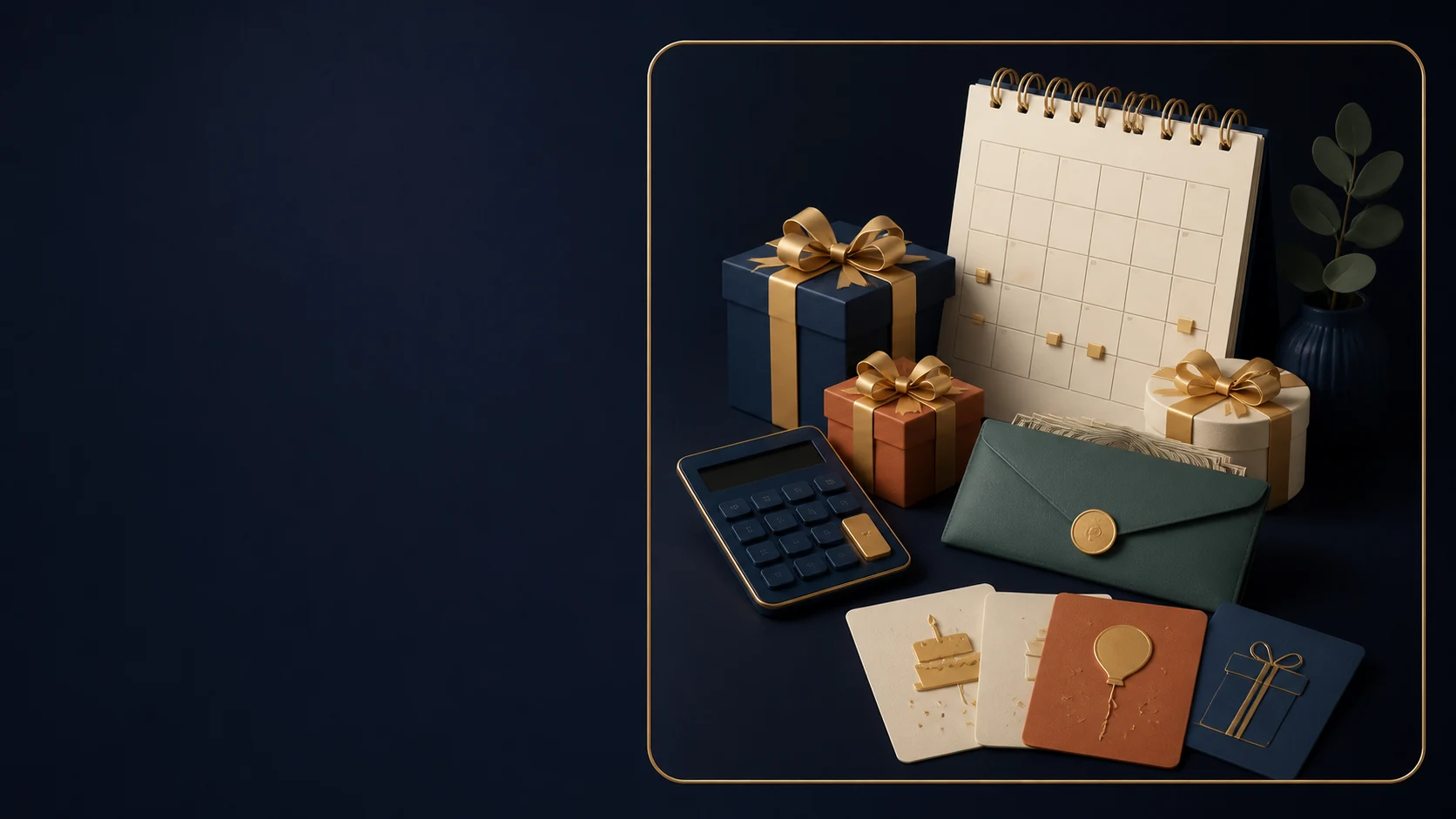 Branded 3D gift budget plan with calendar, wrapped gifts, calculator and savings envelope