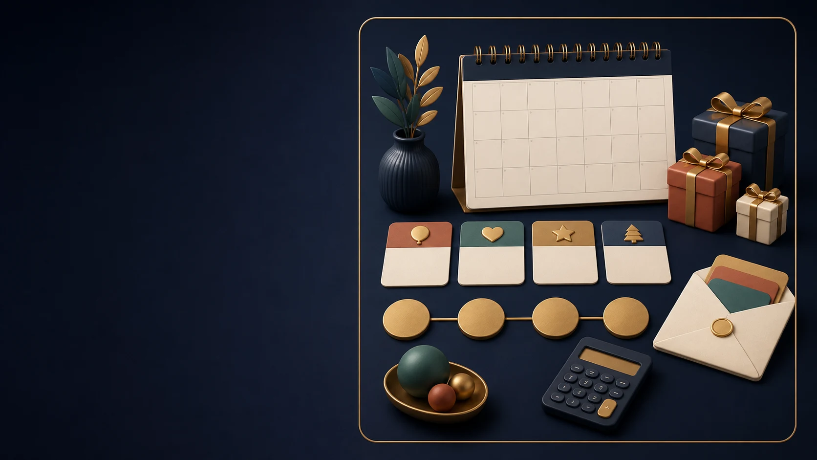 Branded 3D gift-planning framework with calendar, occasion cards, presents and budget envelope