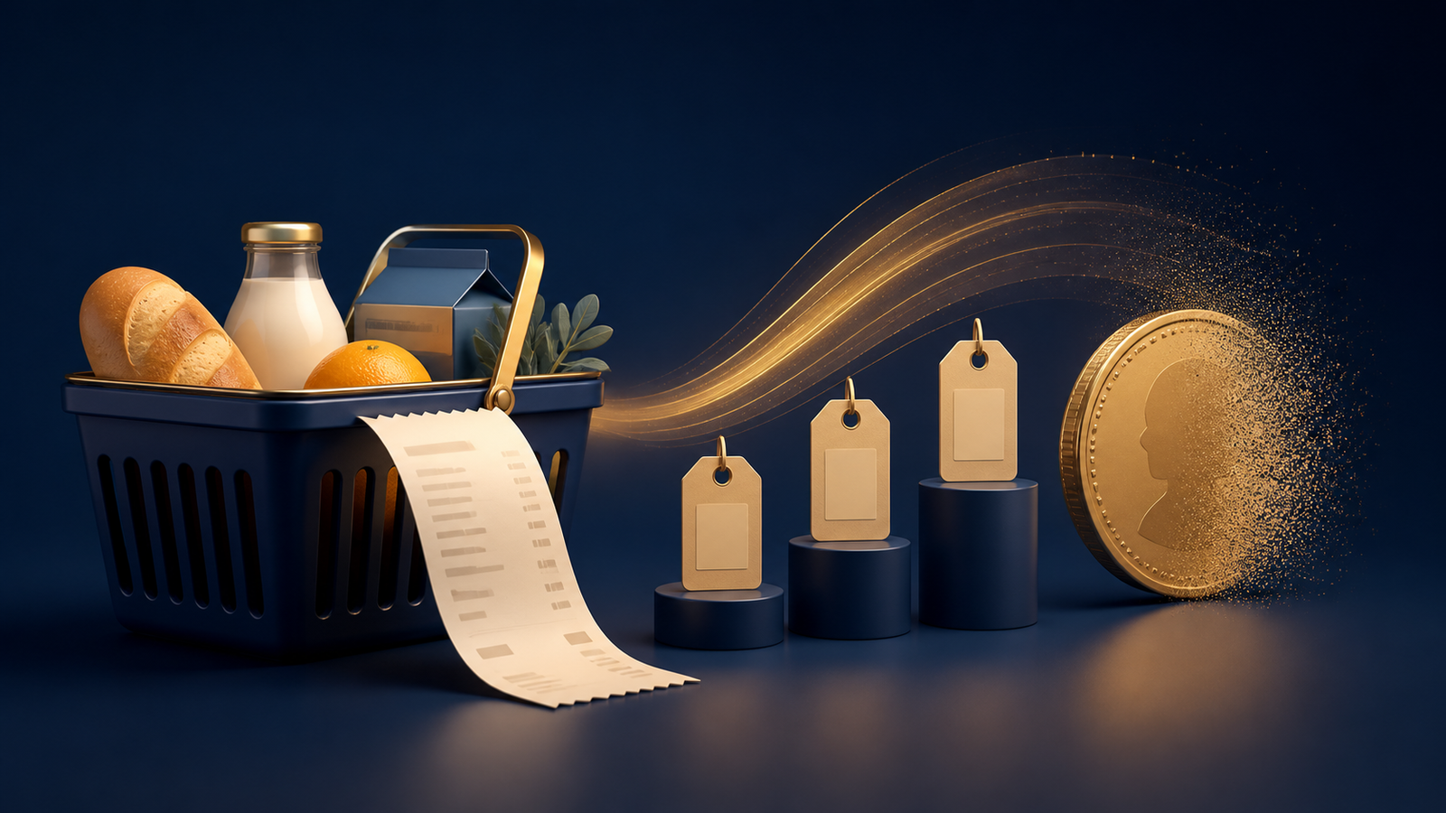 Shopping basket and price tags illustrating purchasing power