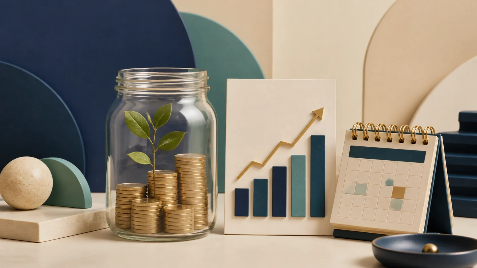 Growing coins, chart, and calendar representing beginner investing