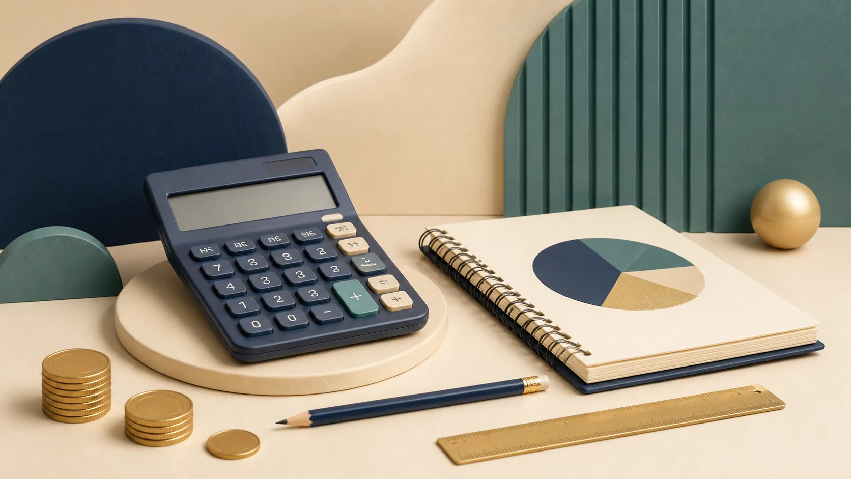 Calculator, notebook, pie chart, pencil, ruler, and coins representing money tools