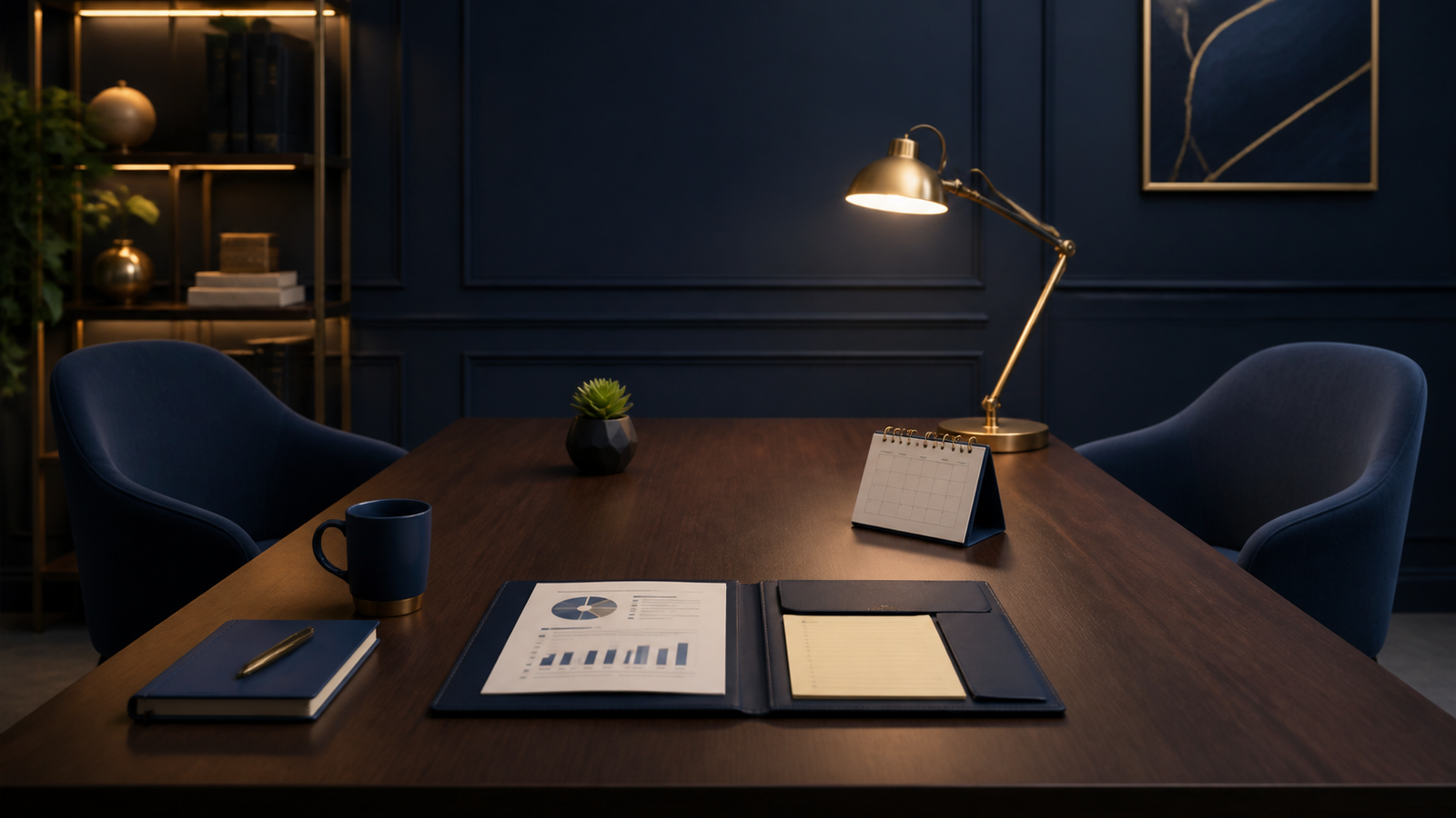 Prepared meeting table with evidence folder and calendar