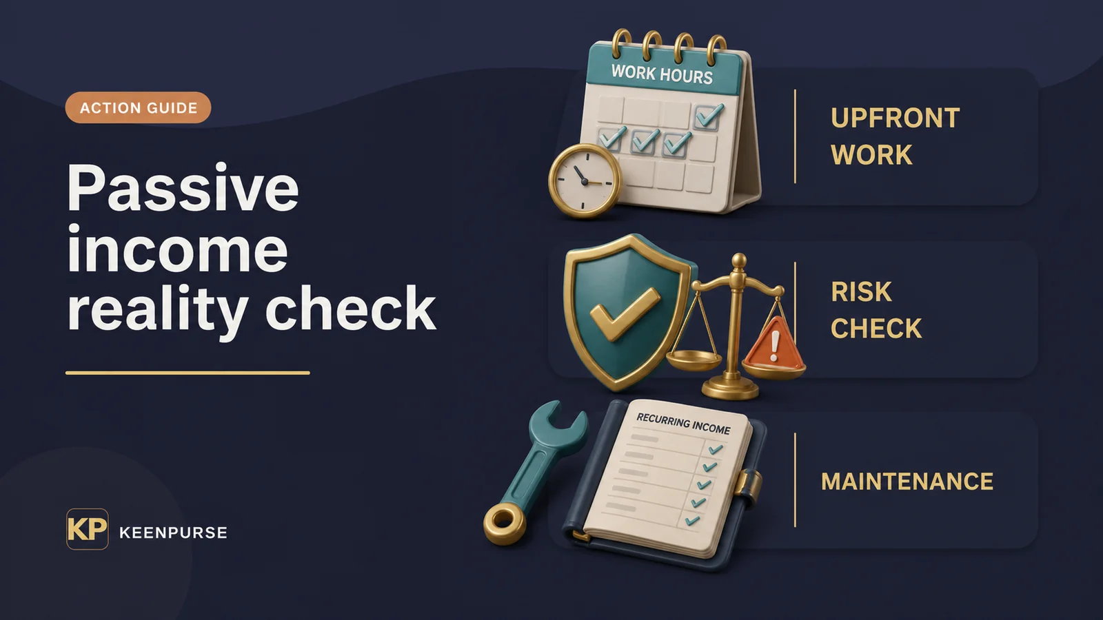 Checklist of upfront work, risk, and maintenance for passive income ideas