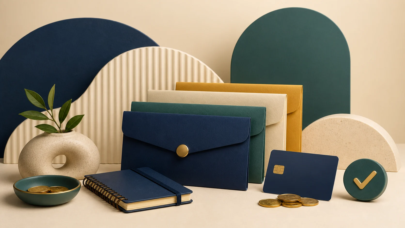 Budget envelopes, notebook, card, and checkmark representing personal finance