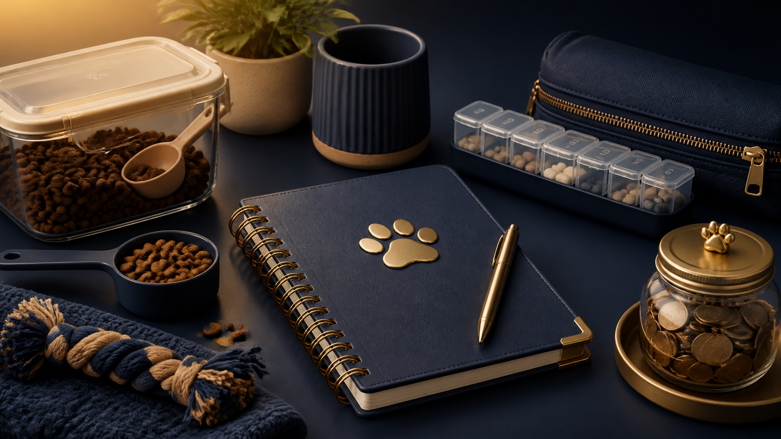 Pet care budget notebook, food container, and emergency savings jar