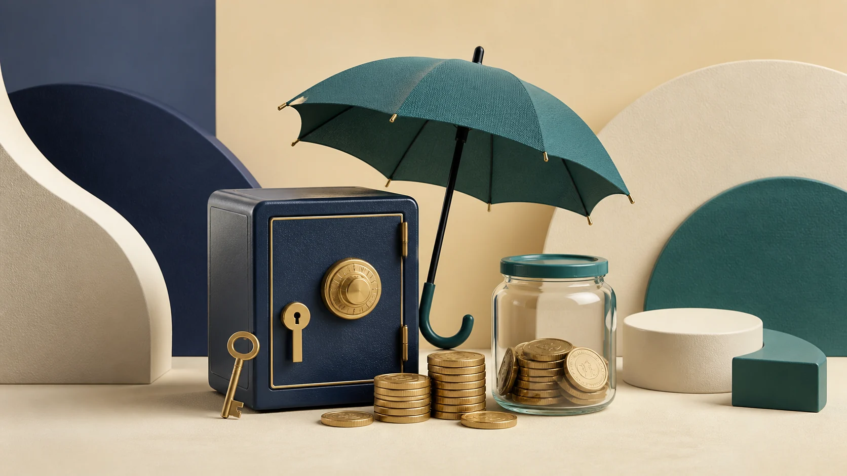 Safe, umbrella, savings jar, key, and coins representing emergency savings