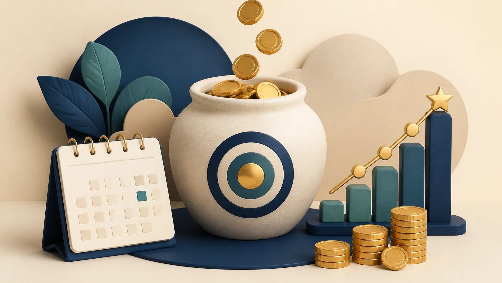 Savings pot, target, calendar, and rising coins for a savings goal