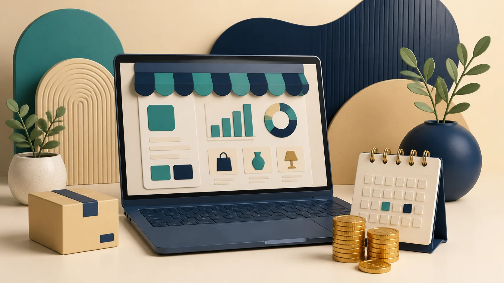 Laptop, parcel, calendar, and coins representing a side hustle