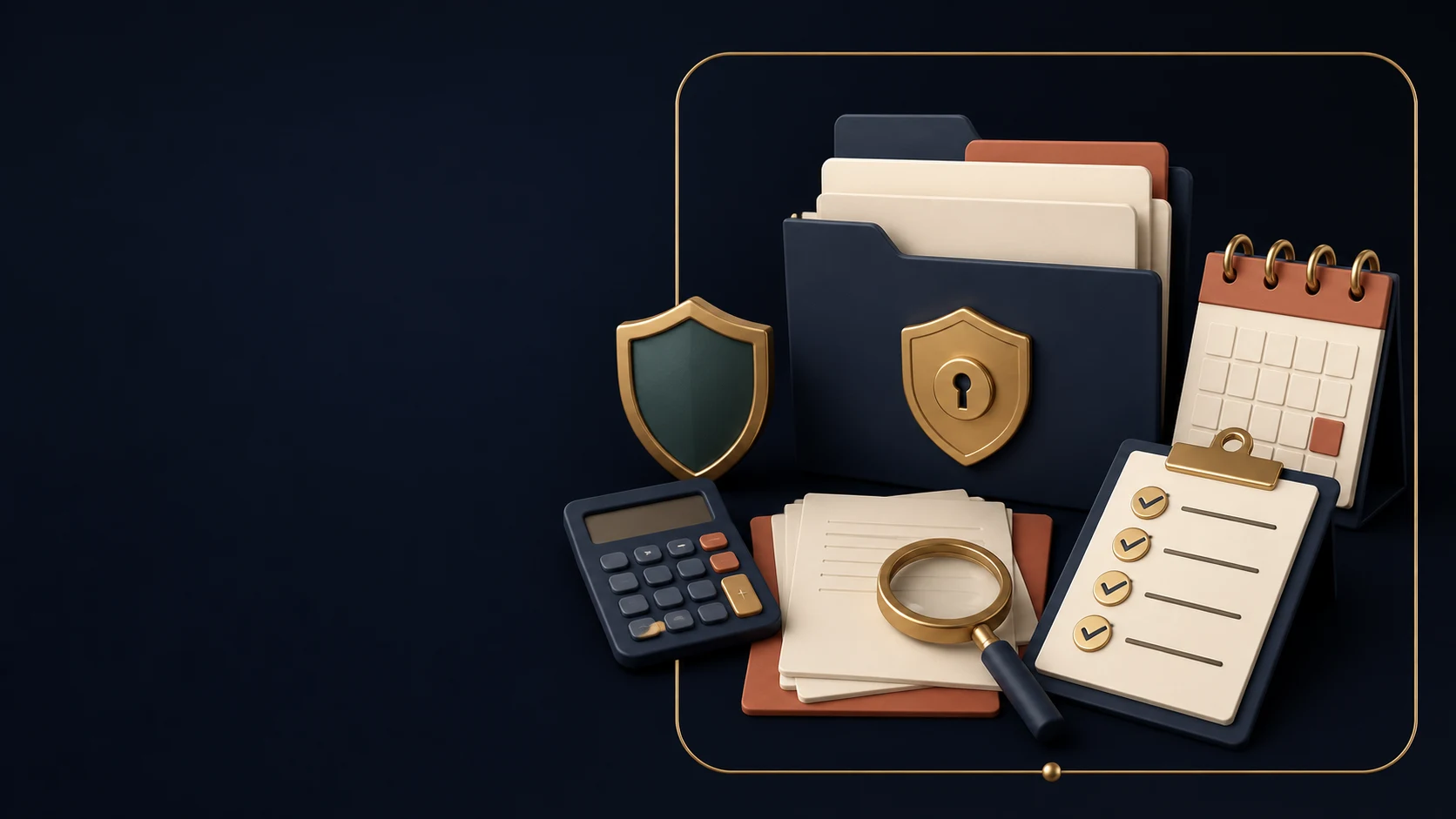 Branded 3D retirement-account due-diligence checklist with documents, calendar and calculator