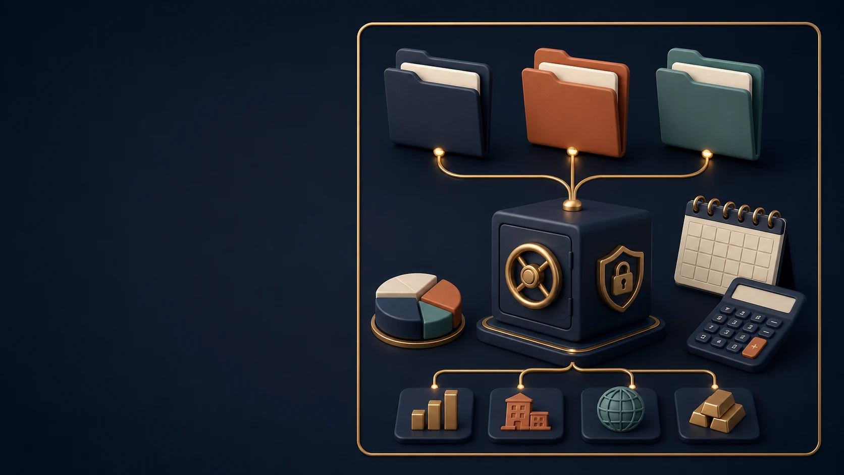 Branded 3D Roth IRA framework separating account folders from investment tiles